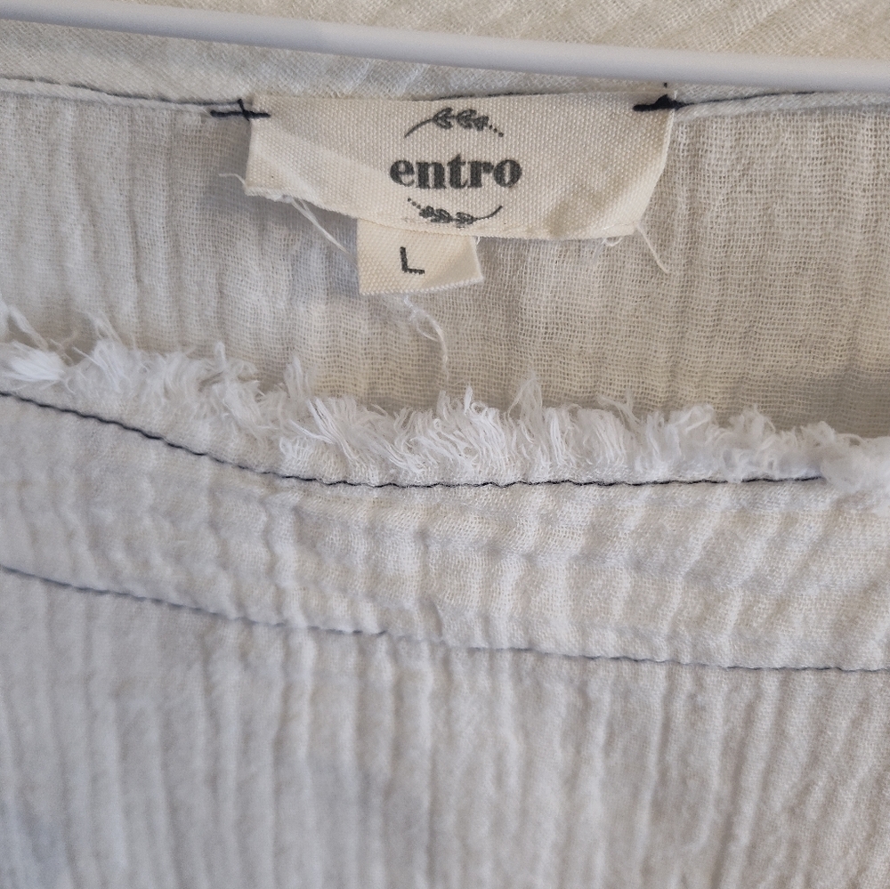 Entro Cotton Gauze Boxy Fringe Top  Shirt Coastal Grandma Cream Black Large - Picture 2 of 8